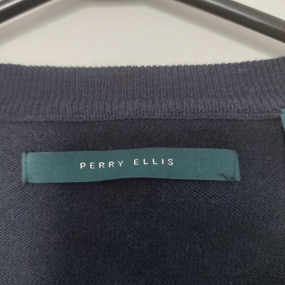 Perry Ellis Men's Navy Striped V Neck Pullover Sweater, Size L - Picture 2 of 3